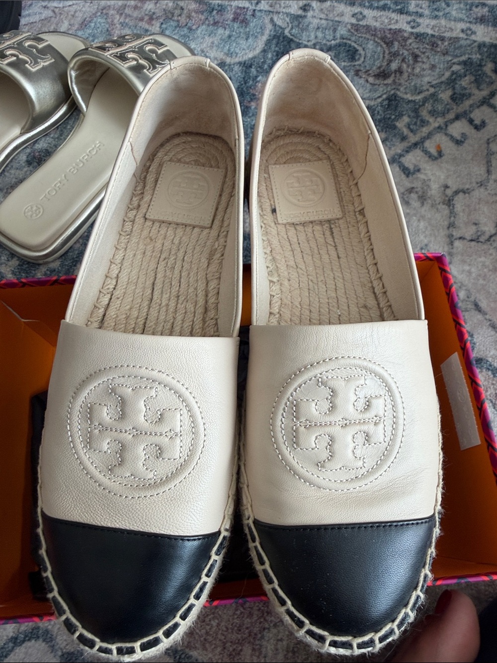 Tory Burch Two-Tone Leather Espadrilles in Cream and Black